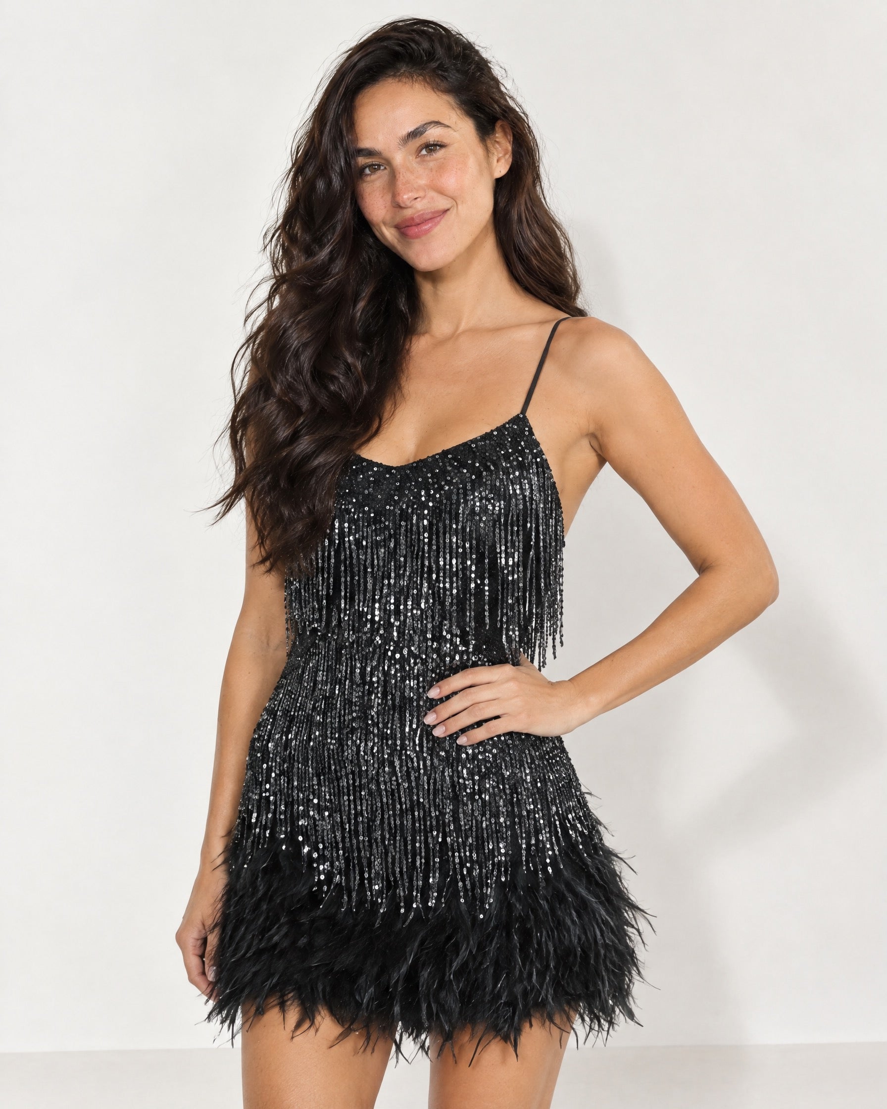 Black Feather Mini Dress Sequin Fringe