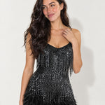 Black Feather Mini Dress Sequin Fringe