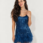 Blue Feather Mini Dress Sequin Fringe