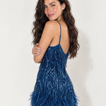 Blue Feather Mini Dress Sequin Fringe