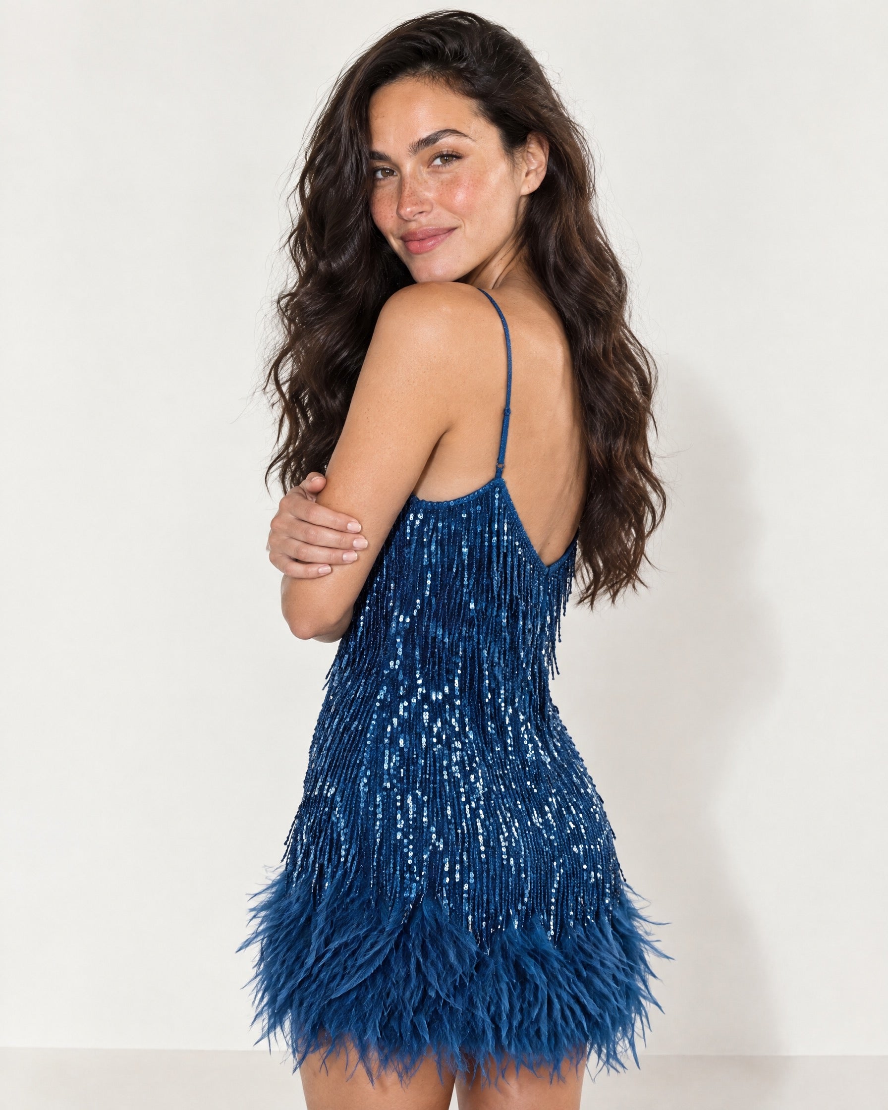 Blue Feather Mini Dress Sequin Fringe
