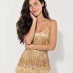 Gold Feather Mini Dress Sequin Fringe