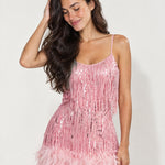 Pink Feather Mini Dress Sequin Fringe