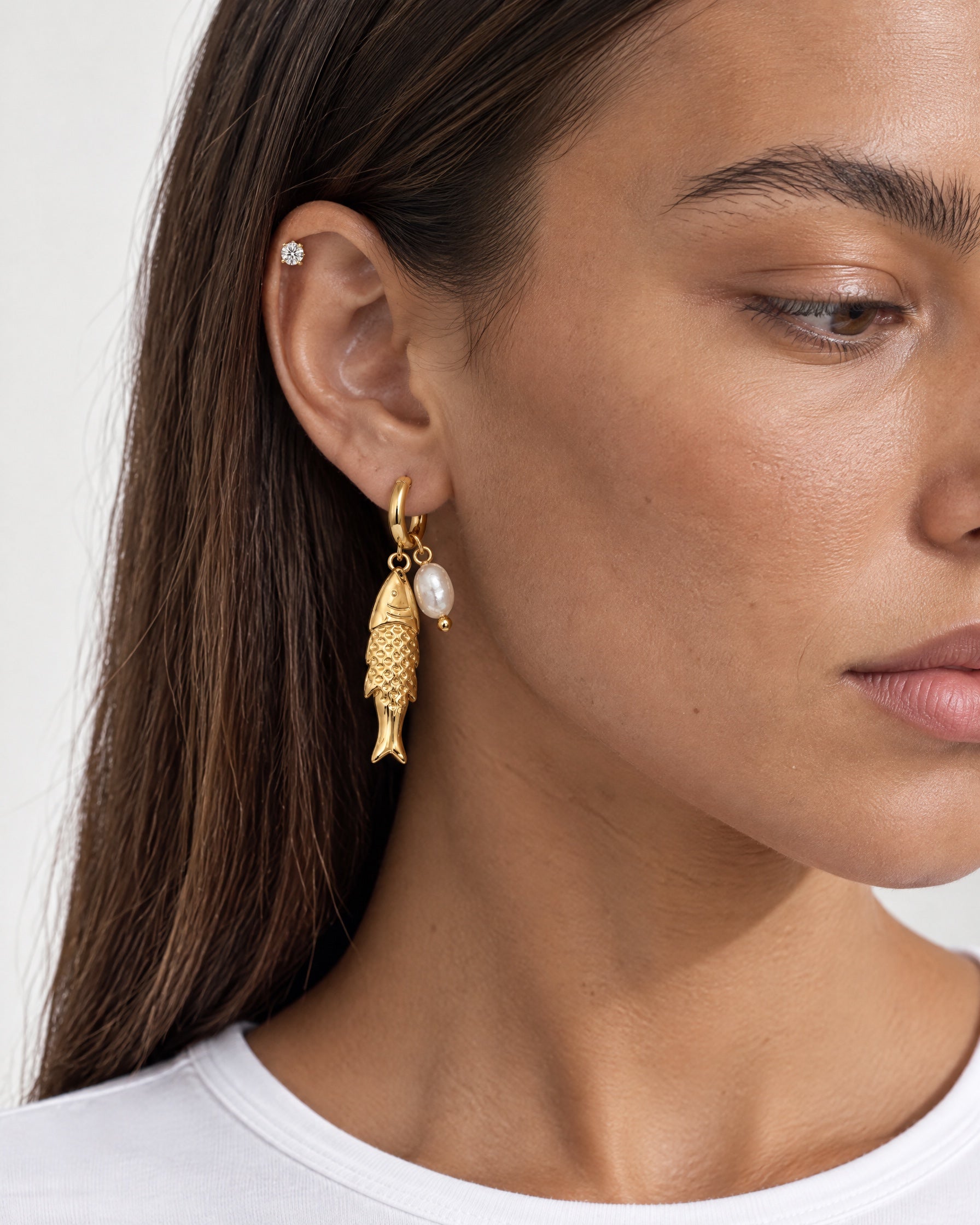 Fish Earrings Gold Tone Charm Huggie Hoops