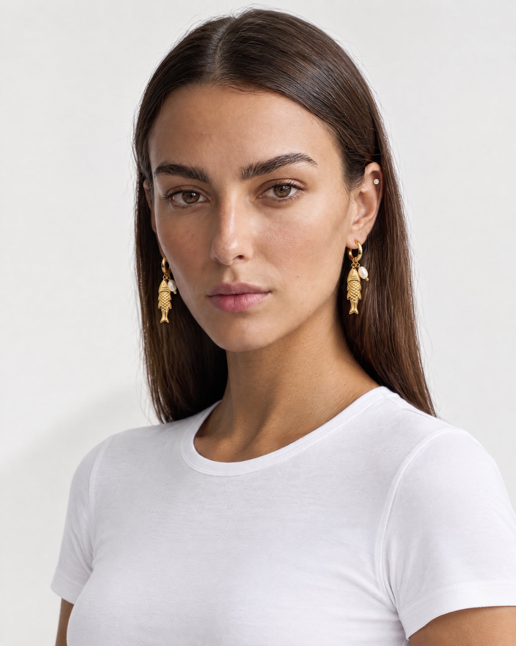 Fish Earrings Gold Tone Charm Huggie Hoops
