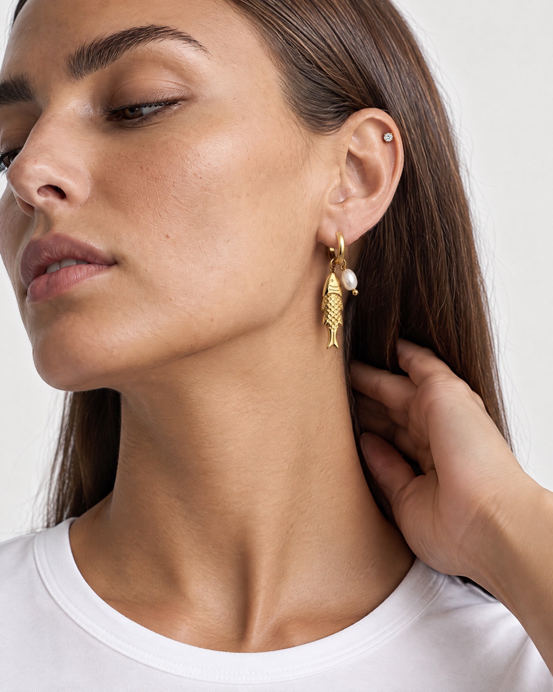 Fish Earrings Gold Tone Charm Huggie Hoops