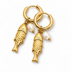Fish Earrings Gold Tone Charm Huggie Hoops