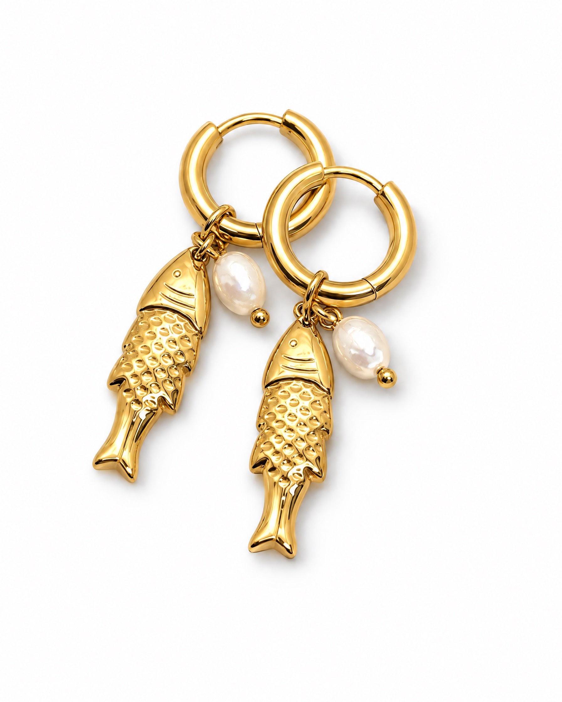 Fish Earrings Gold Tone Charm Huggie Hoops
