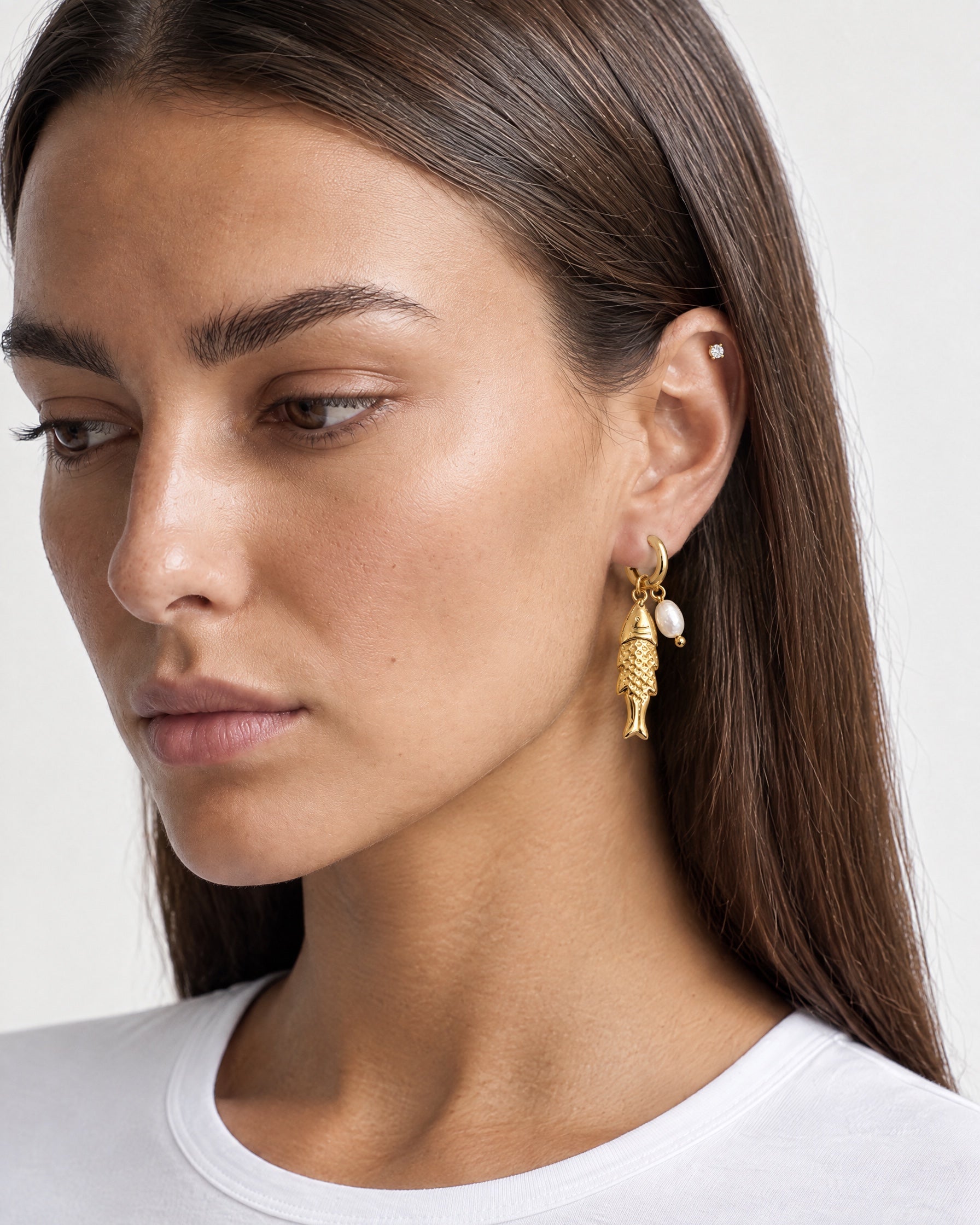 Fish Earrings Gold Tone Charm Huggie Hoops