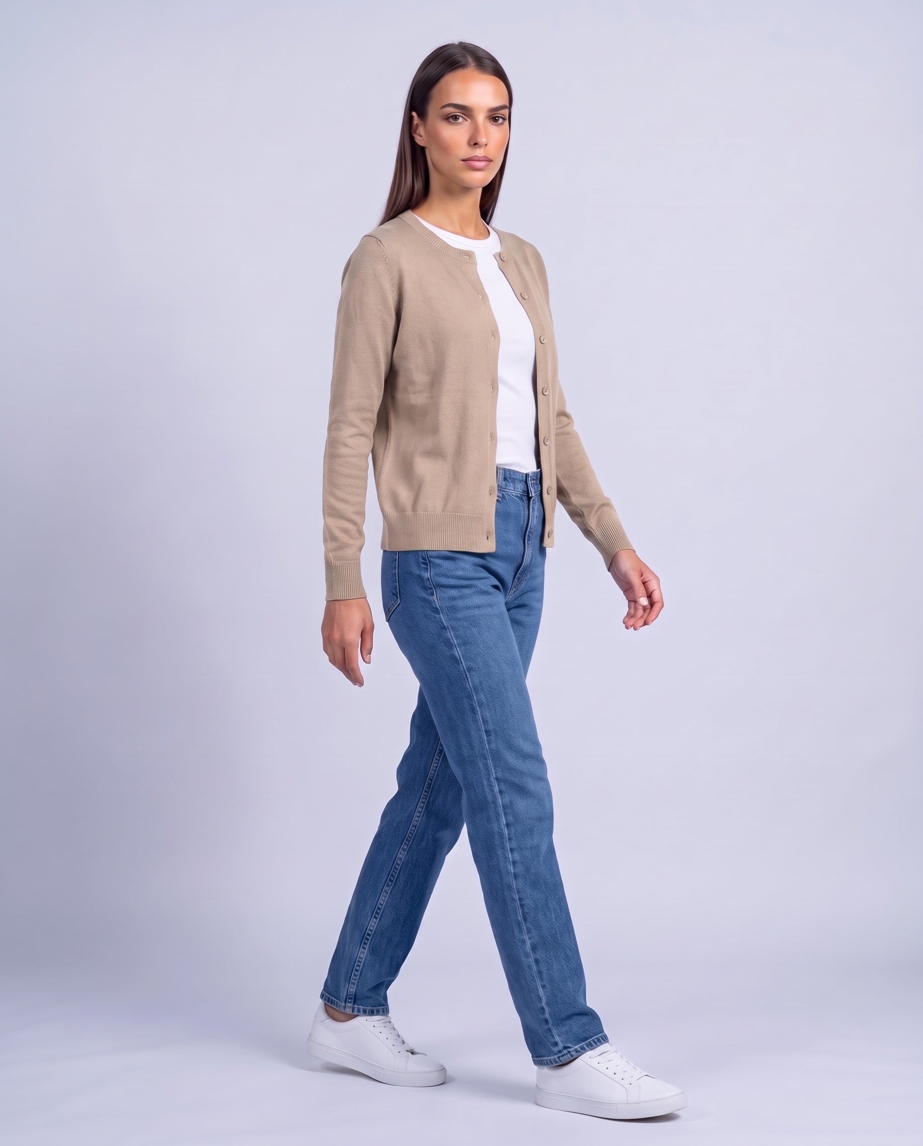 Beige Fitted Cardigan Crew Neck Button Front Knitted Cardigan Classic Slim Fit
