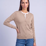 Beige Fitted Cardigan Crew Neck Button Front Knitted Cardigan Classic Slim Fit