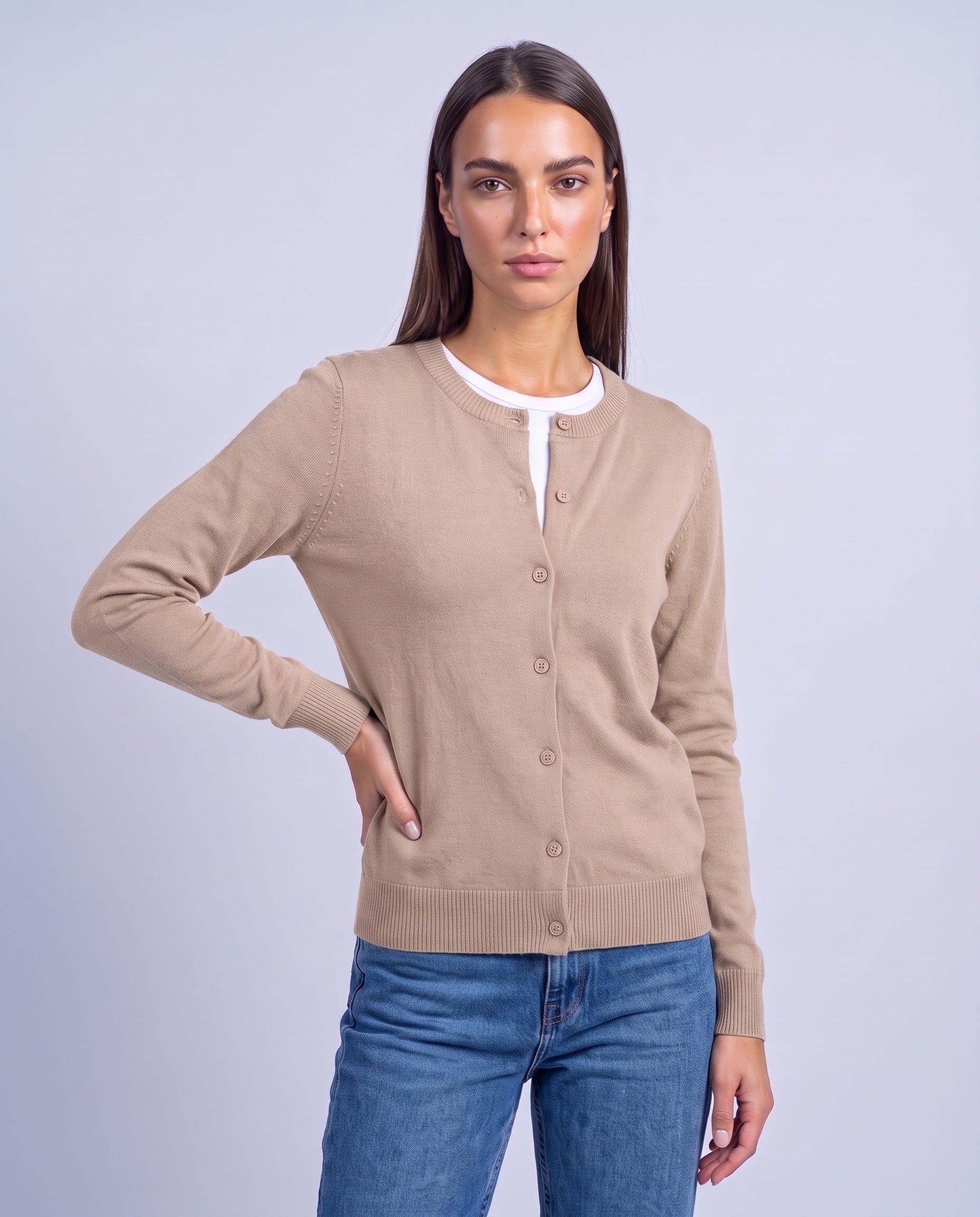 Beige Fitted Cardigan Crew Neck Button Front Knitted Cardigan Classic Slim Fit