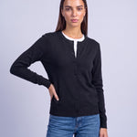Black Fitted Cardigan Crew Neck Button Front Knitted Cardigan Classic Slim Fit