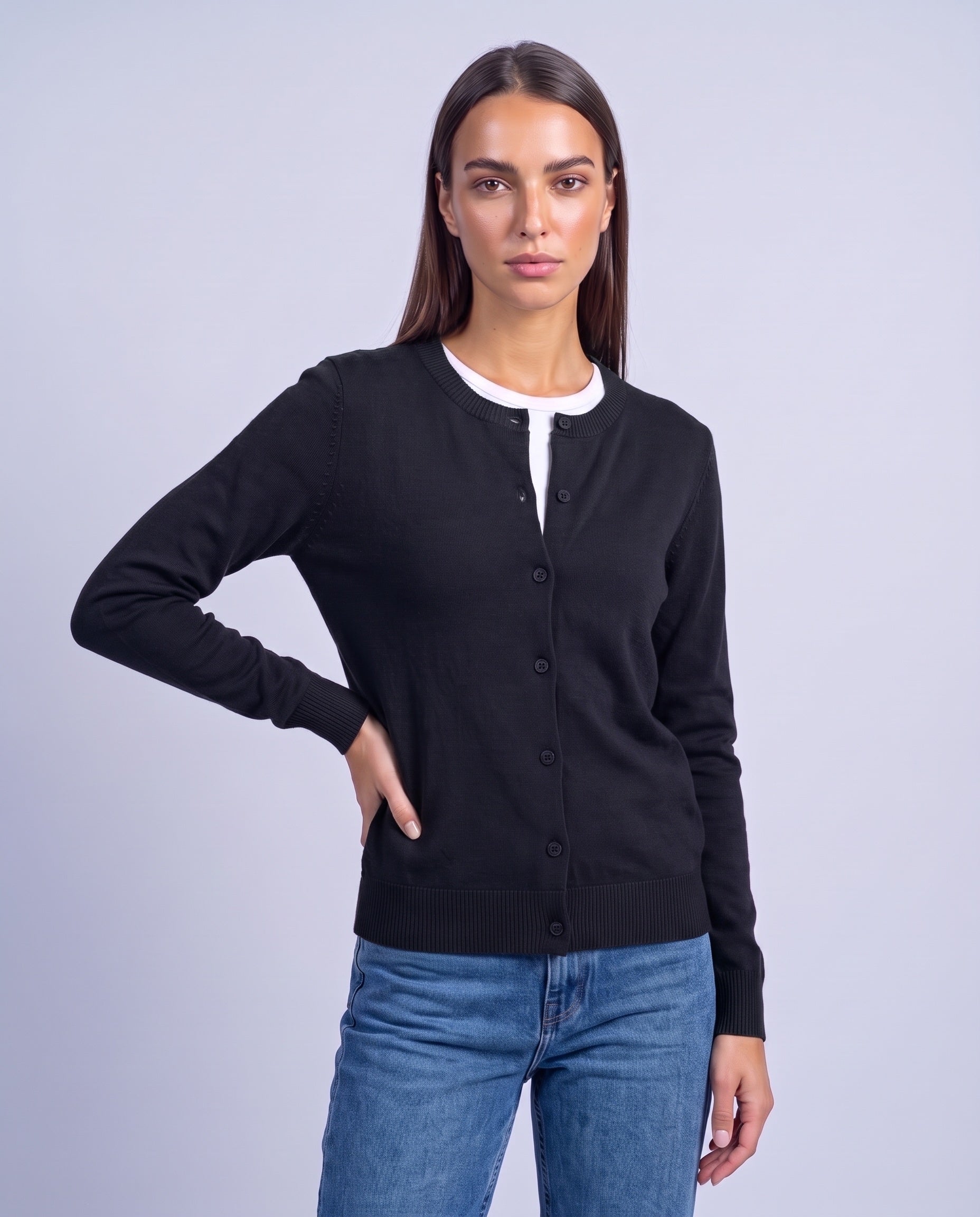 Black Fitted Cardigan Crew Neck Button Front Knitted Cardigan Classic Slim Fit