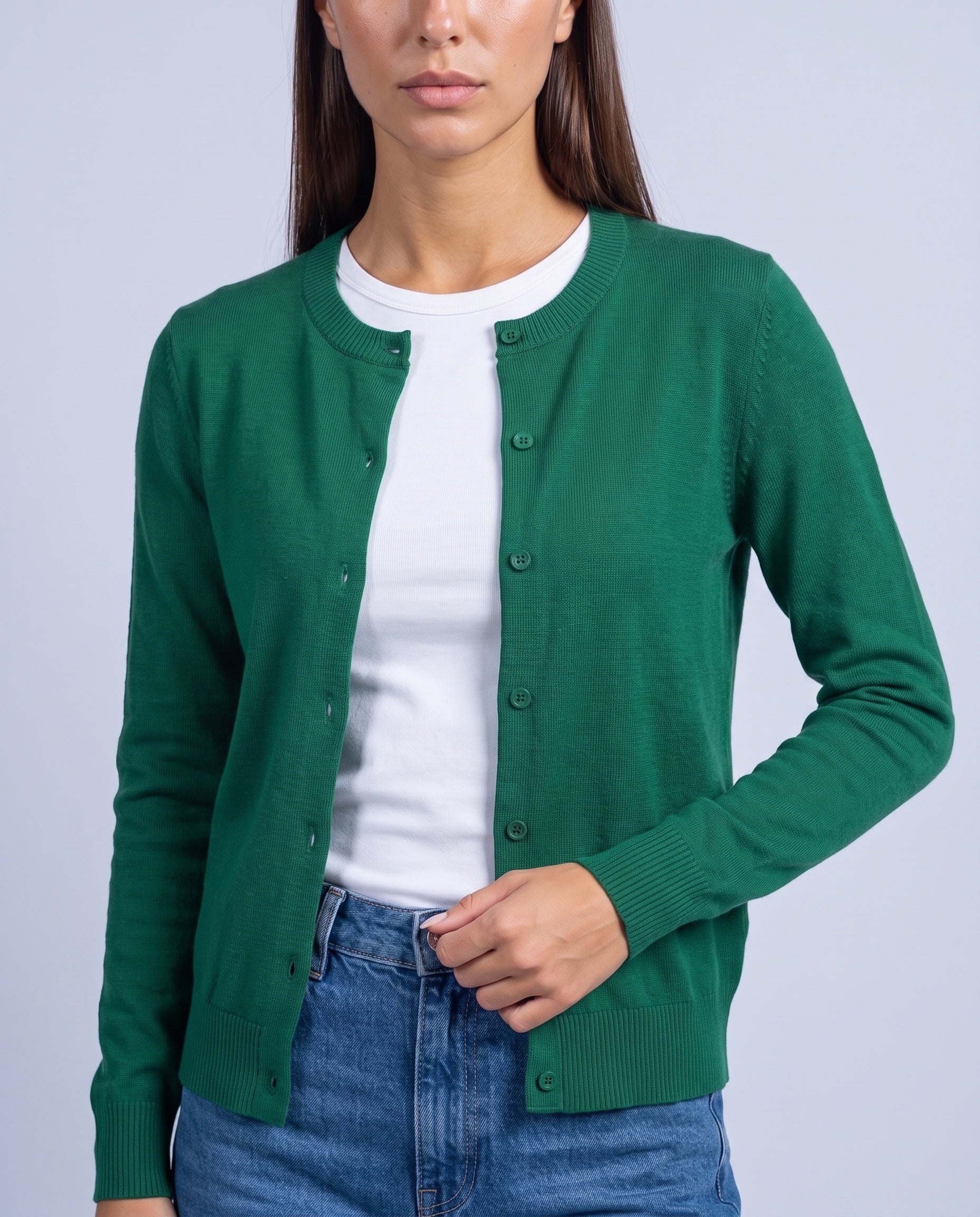 Dark Green Fitted Cardigan Crew Neck Button Front Knitted Cardigan Classic Slim Fit