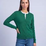 Dark Green Fitted Cardigan Crew Neck Button Front Knitted Cardigan Classic Slim Fit