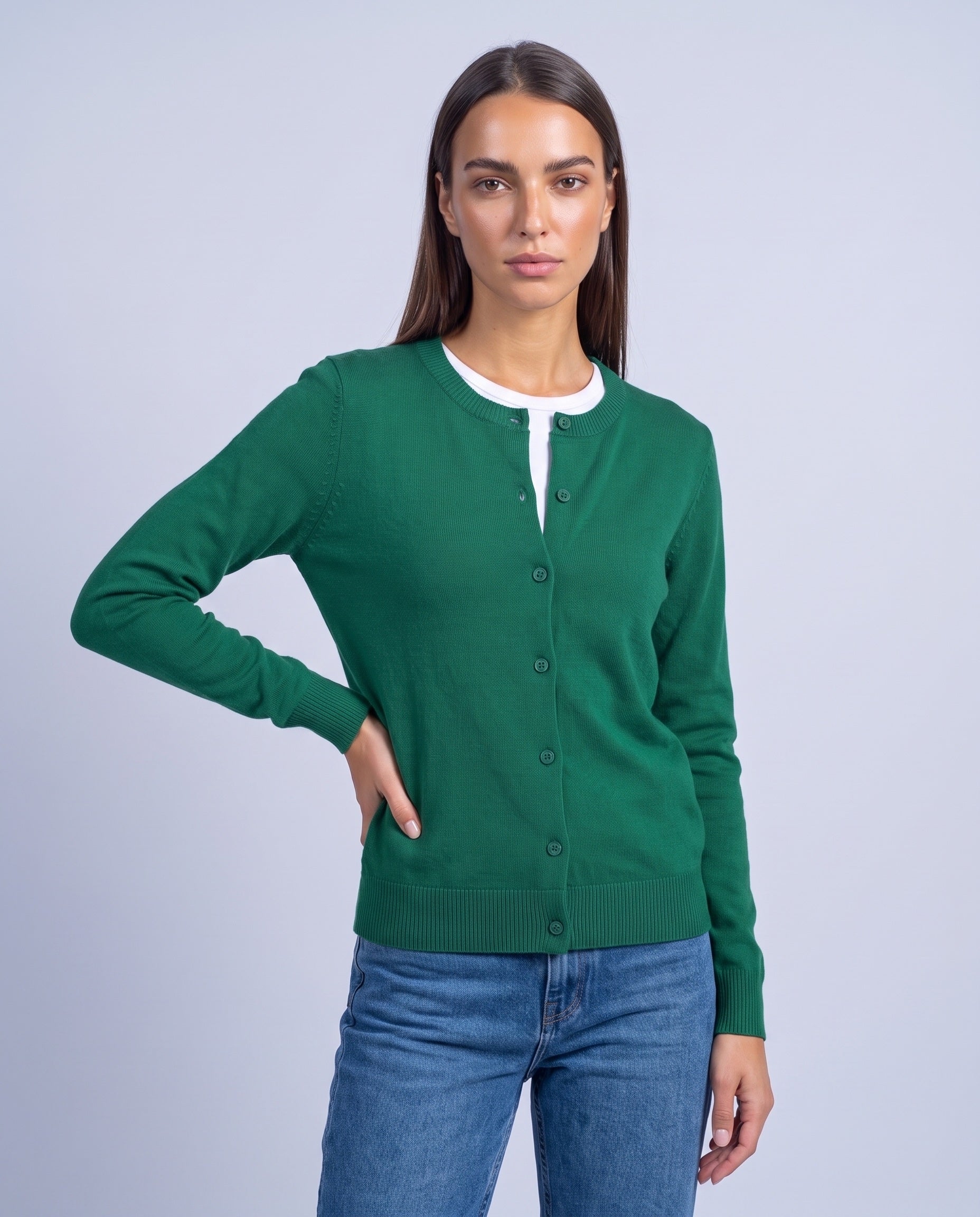 Dark Green Fitted Cardigan Crew Neck Button Front Knitted Cardigan Classic Slim Fit