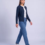 Navy Blue Fitted Cardigan Crew Neck Button Front Knitted Cardigan Classic Slim Fit
