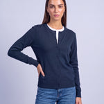 Navy Blue Fitted Cardigan Crew Neck Button Front Knitted Cardigan Classic Slim Fit