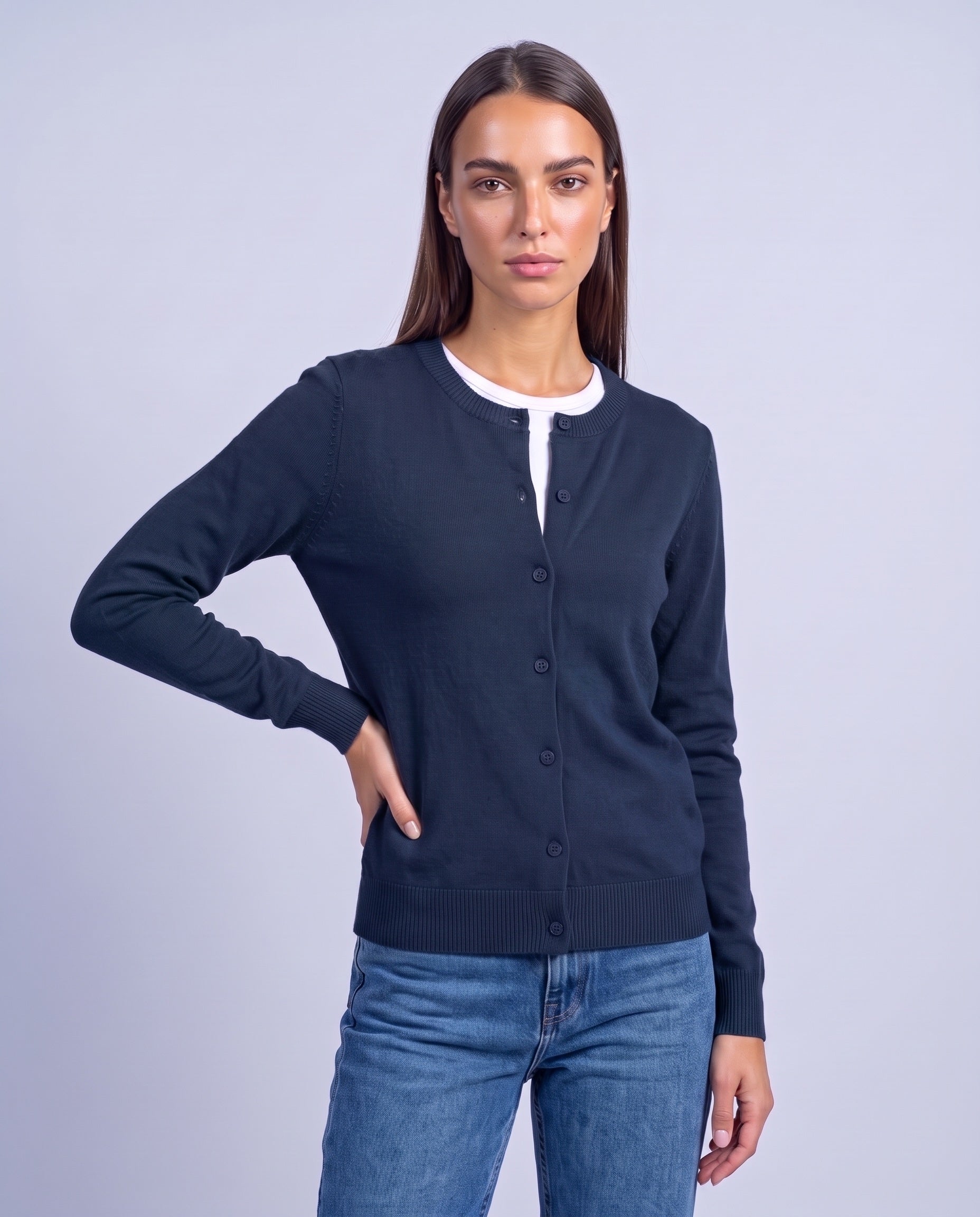 Navy Blue Fitted Cardigan Crew Neck Button Front Knitted Cardigan Classic Slim Fit