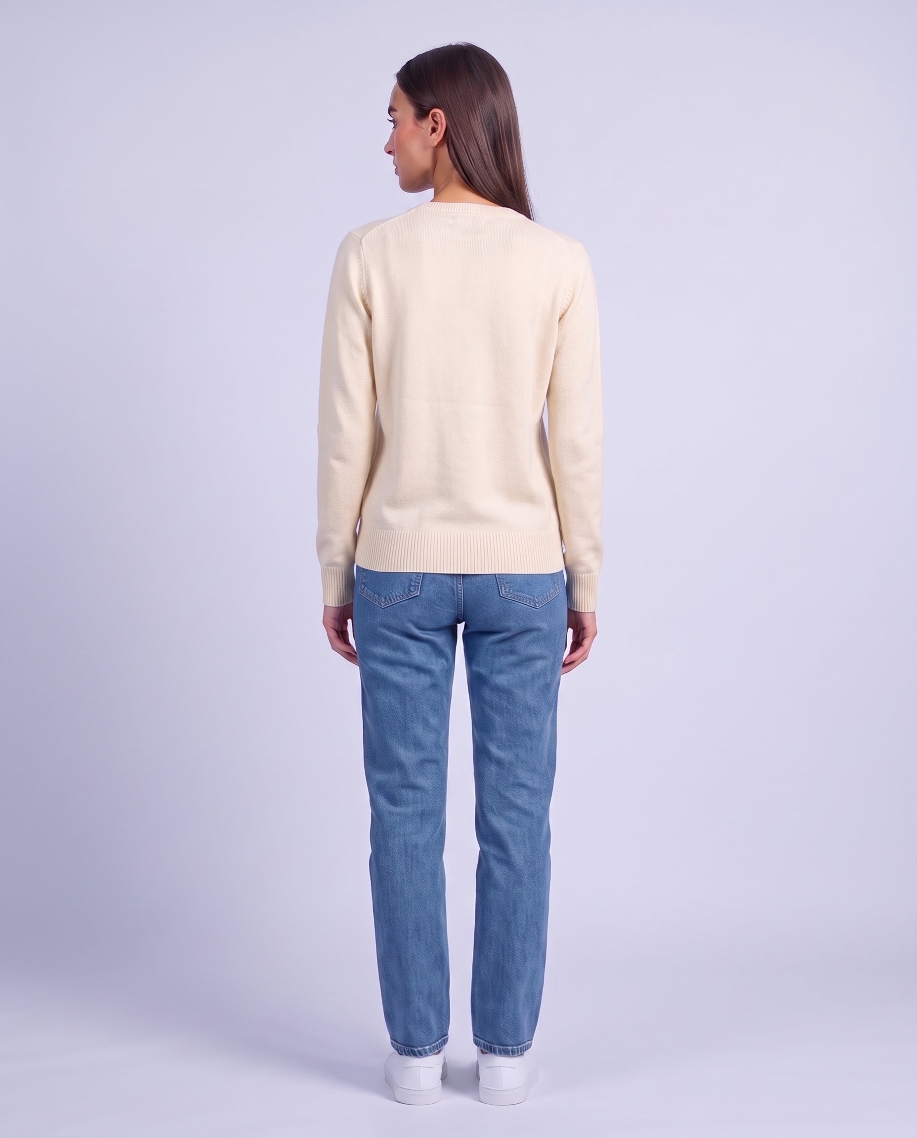Cream Fitted Cardigan Crew Neck Button Front Knitted Cardigan Classic Slim Fit