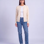 Cream Fitted Cardigan Crew Neck Button Front Knitted Cardigan Classic Slim Fit