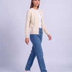 Cream Fitted Cardigan Crew Neck Button Front Knitted Cardigan Classic Slim Fit