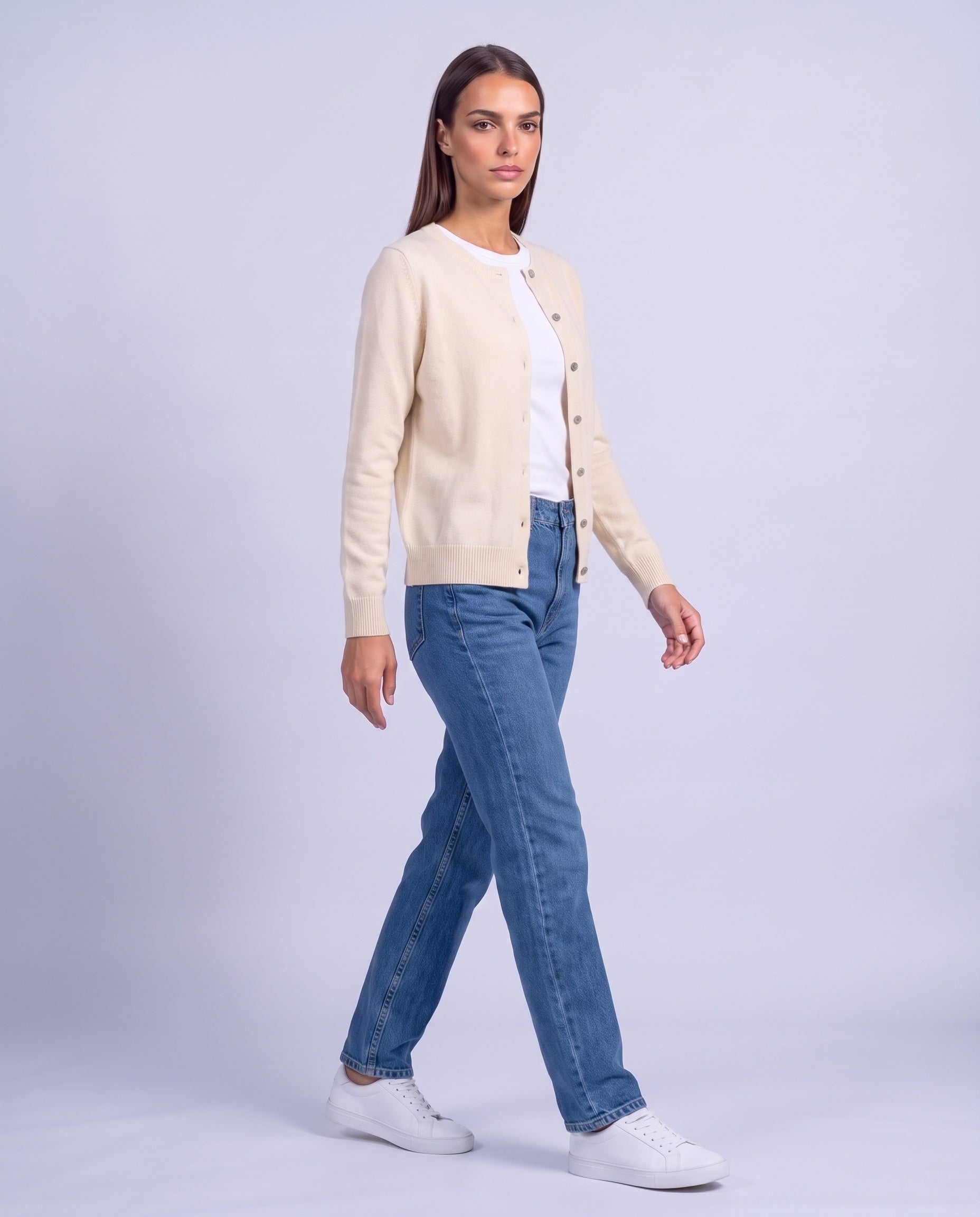 Cream Fitted Cardigan Crew Neck Button Front Knitted Cardigan Classic Slim Fit