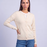 Cream Fitted Cardigan Crew Neck Button Front Knitted Cardigan Classic Slim Fit