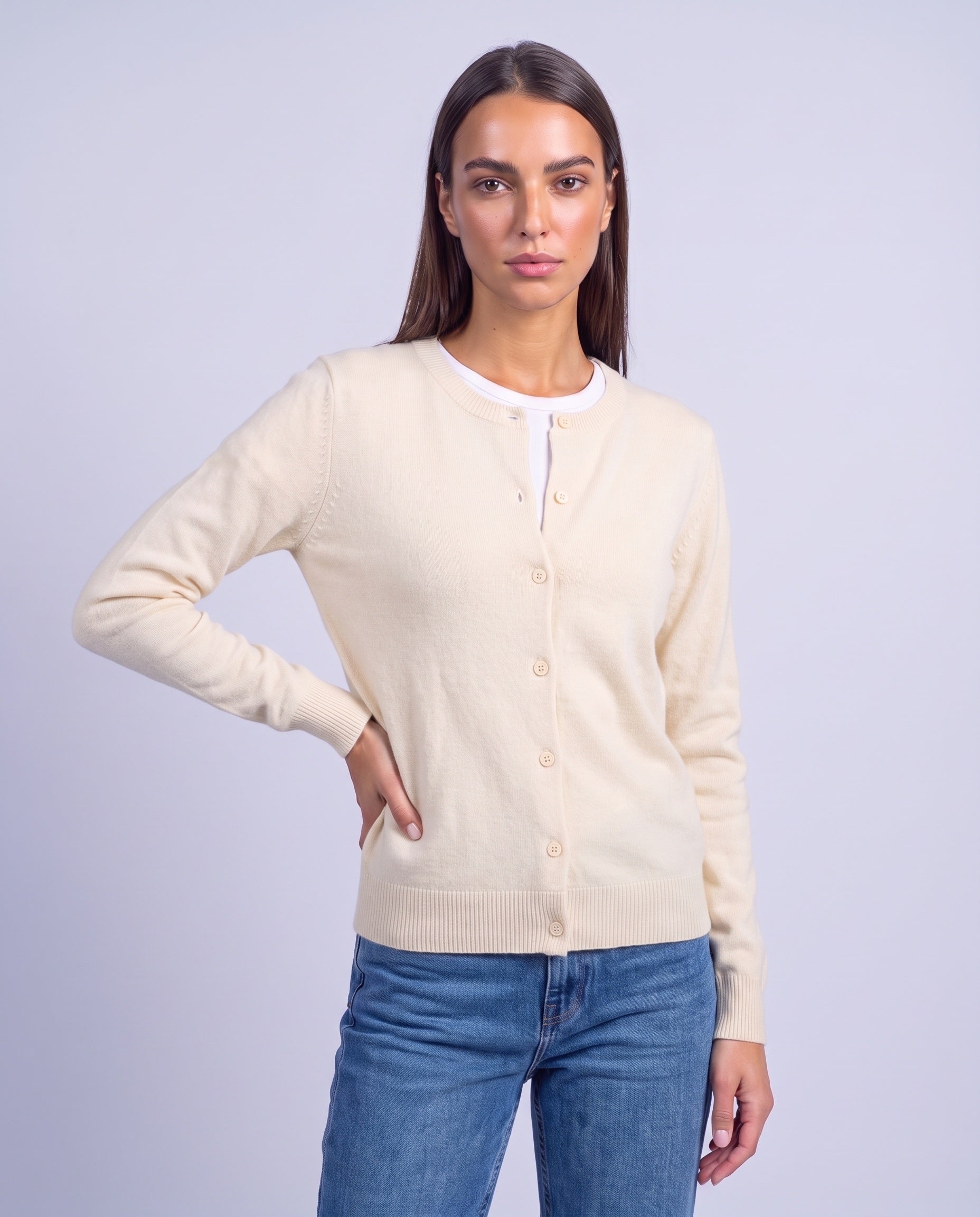 Cream Fitted Cardigan Crew Neck Button Front Knitted Cardigan Classic Slim Fit