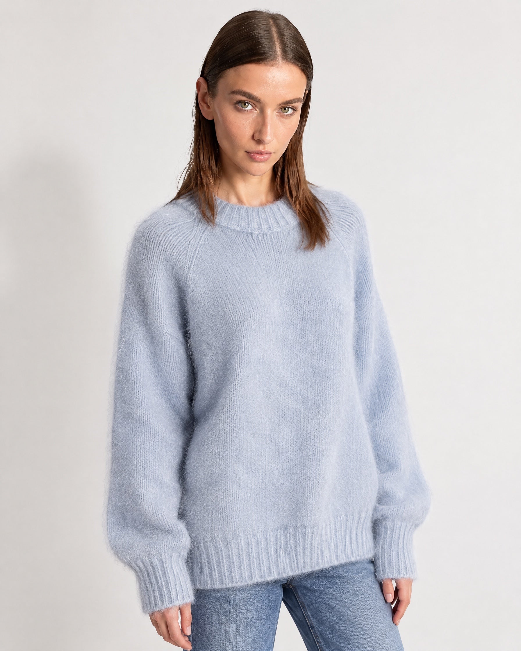 Blue Fluffy Jumper Oversized Soft Knit Sweater with Round Neck
