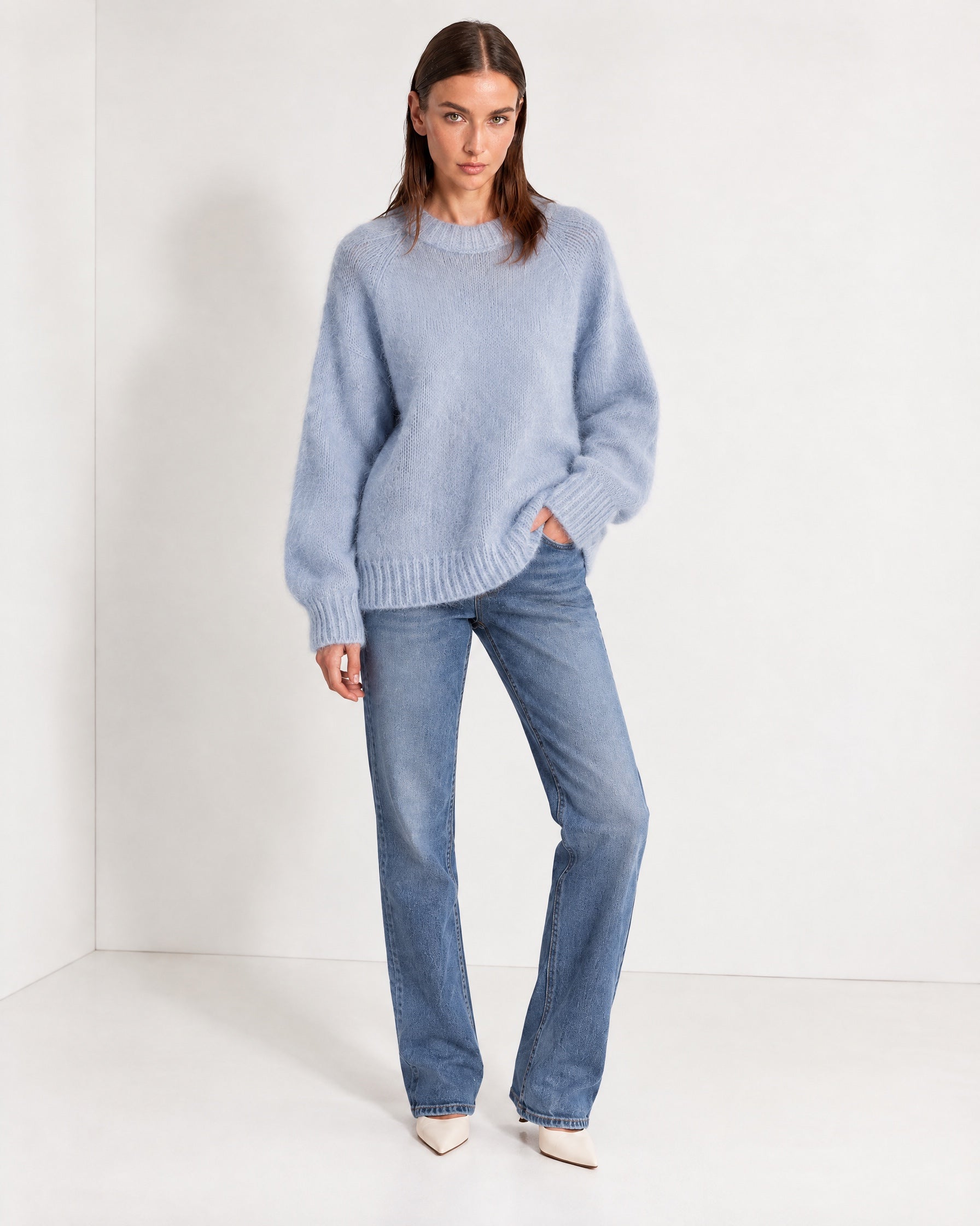 Blue Fluffy Jumper Oversized Soft Knit Sweater with Round Neck