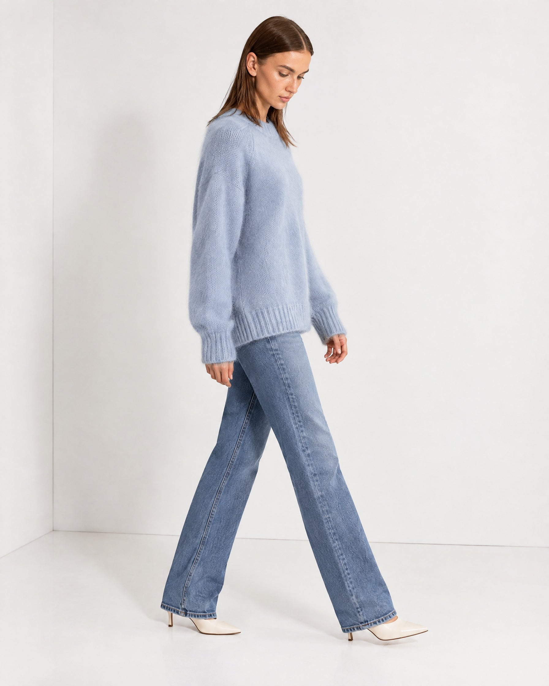 Blue Fluffy Jumper Oversized Soft Knit Sweater with Round Neck