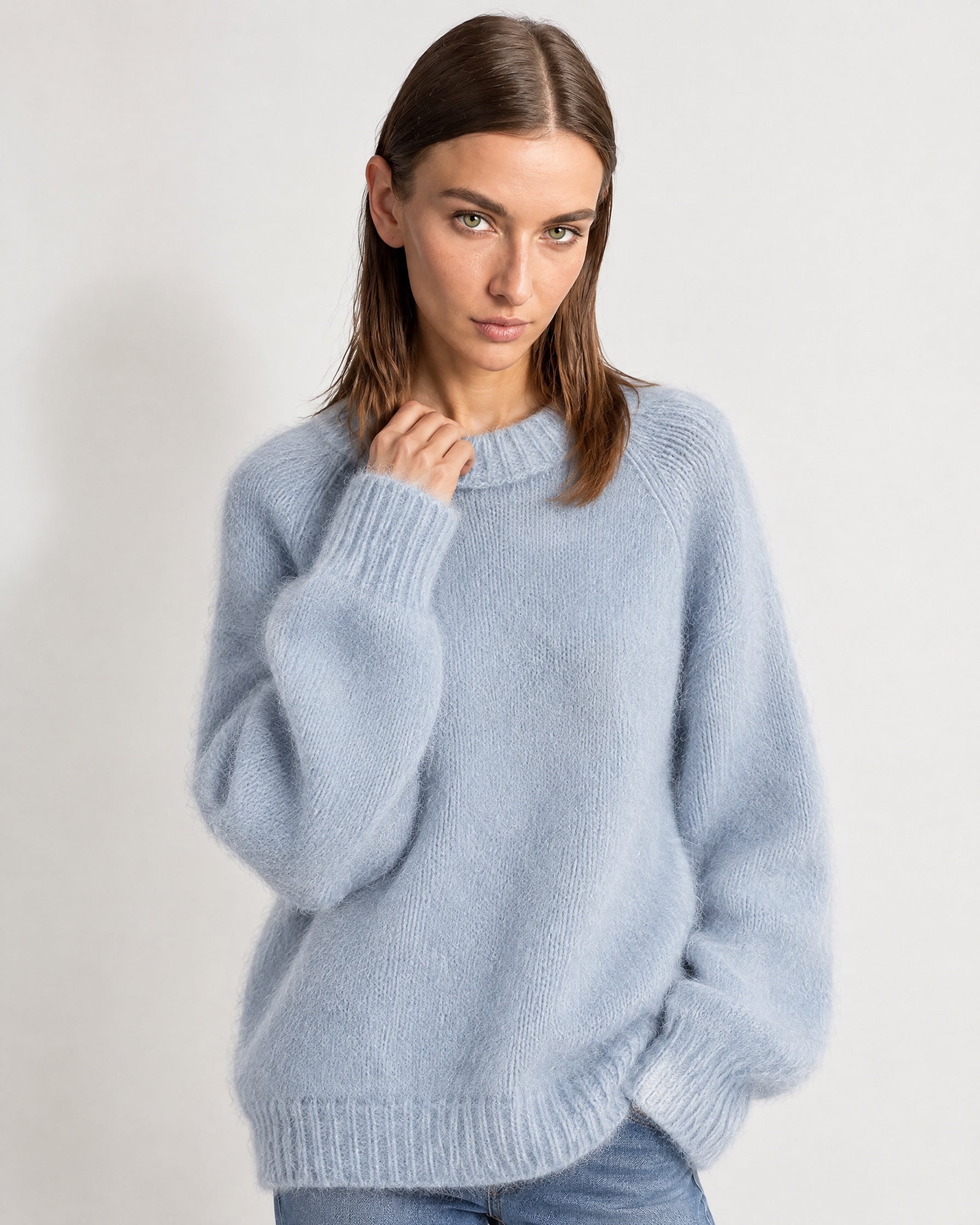 Blue Fluffy Jumper Oversized Soft Knit Sweater with Round Neck