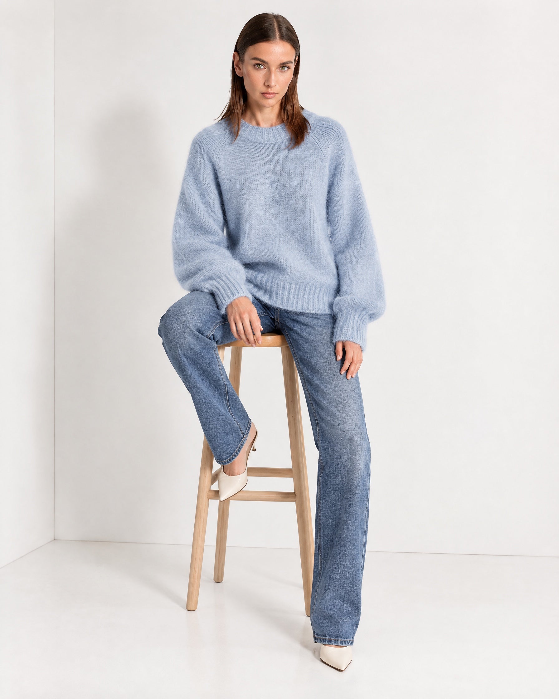 Blue Fluffy Jumper Oversized Soft Knit Sweater with Round Neck