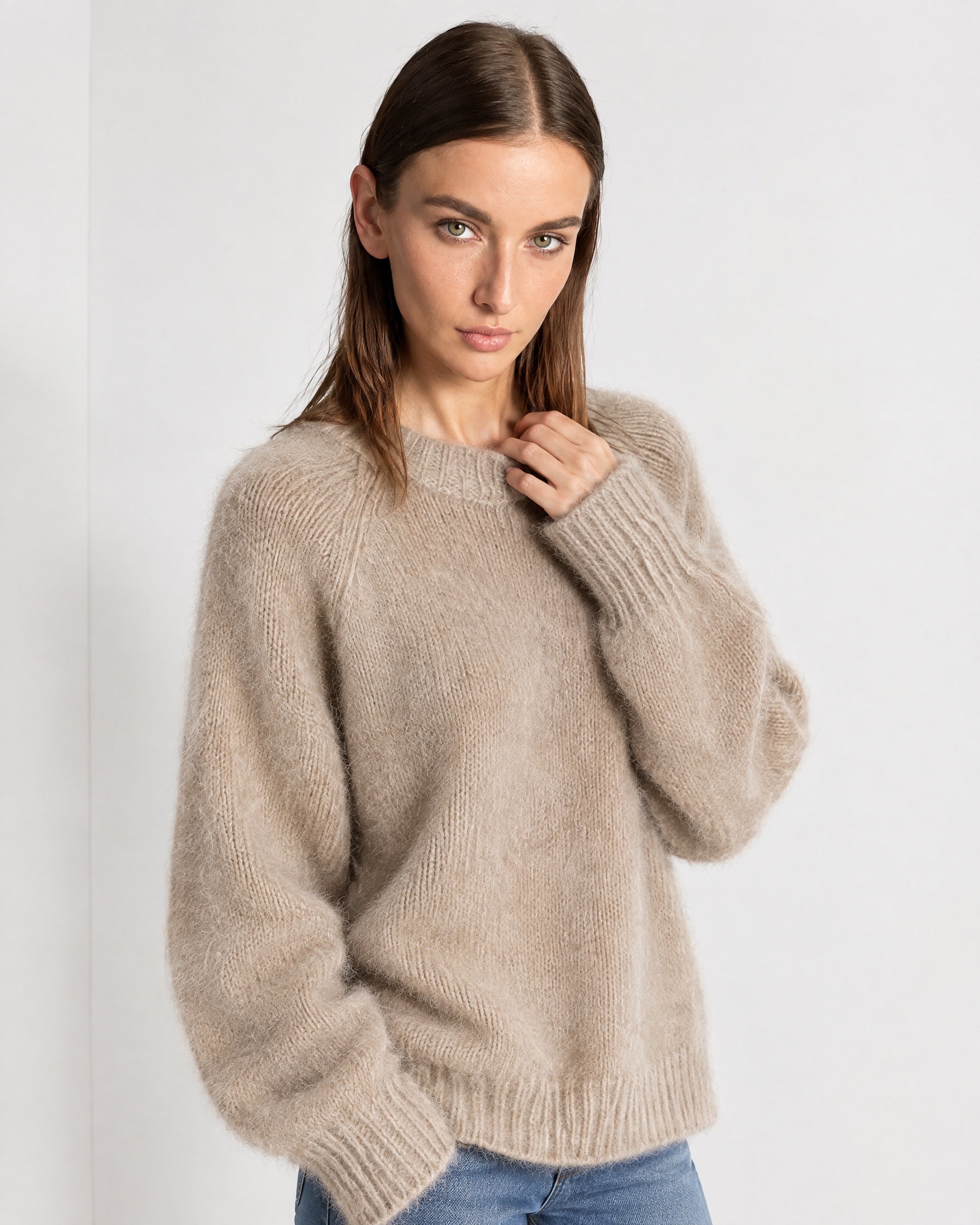 Camel Fluffy Jumper Oversized Soft Knit Sweater with Round Neck
