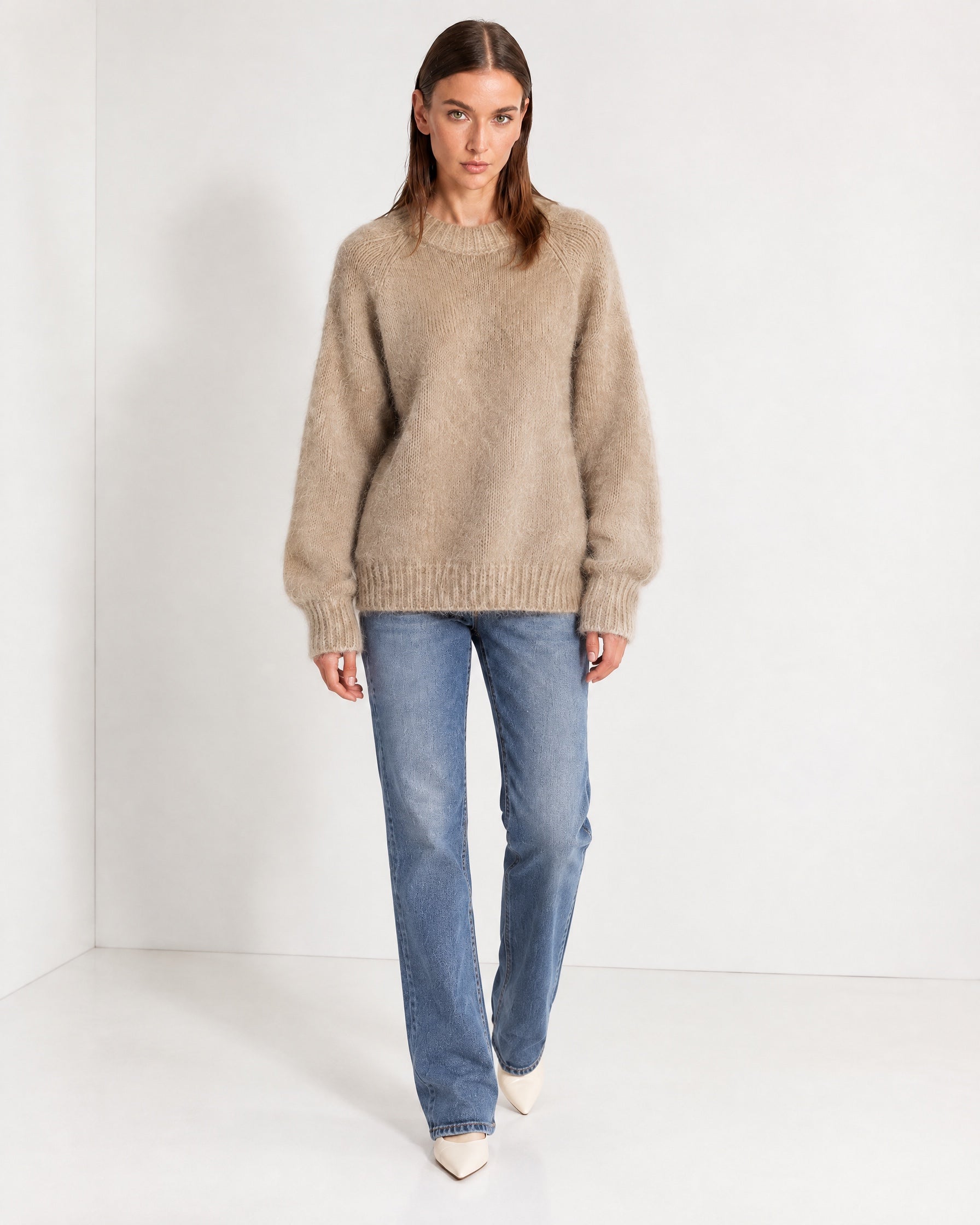 Camel Fluffy Jumper Oversized Soft Knit Sweater with Round Neck