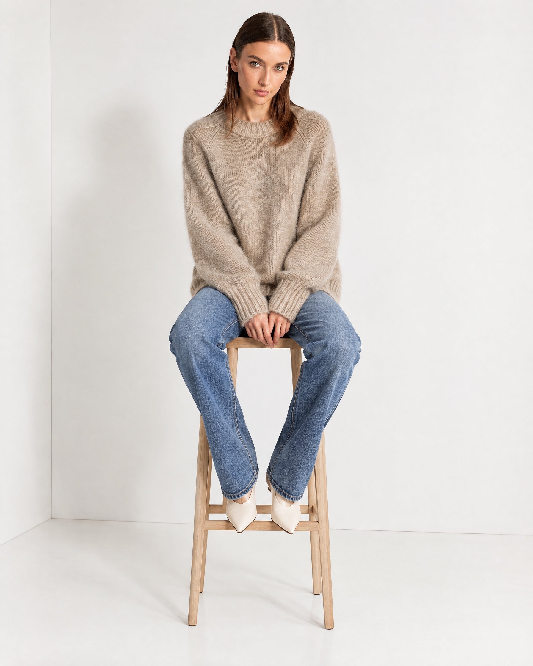 Camel Fluffy Jumper Oversized Soft Knit Sweater with Round Neck