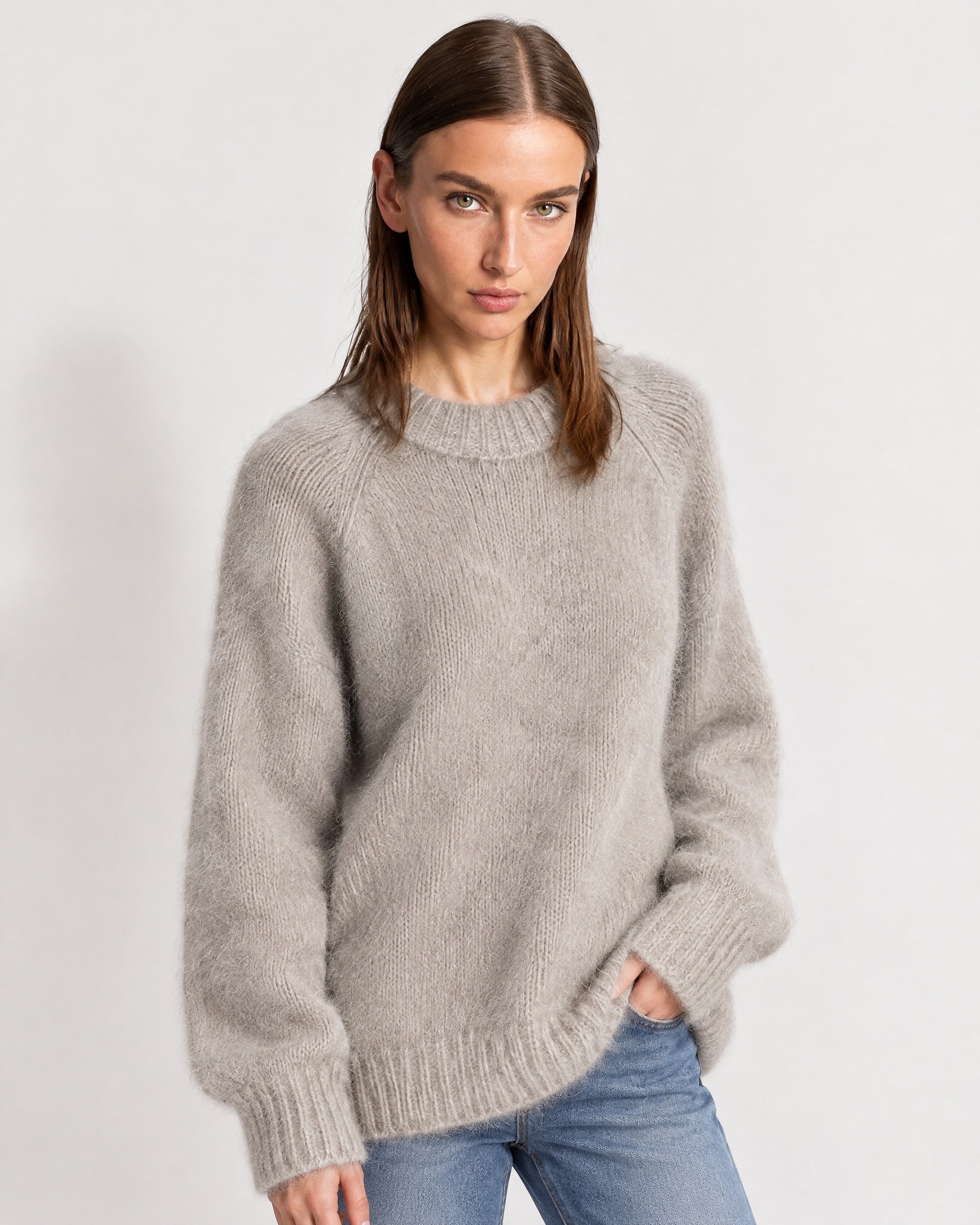 Grey Fluffy Jumper Oversized Soft Knit Sweater with Round Neck