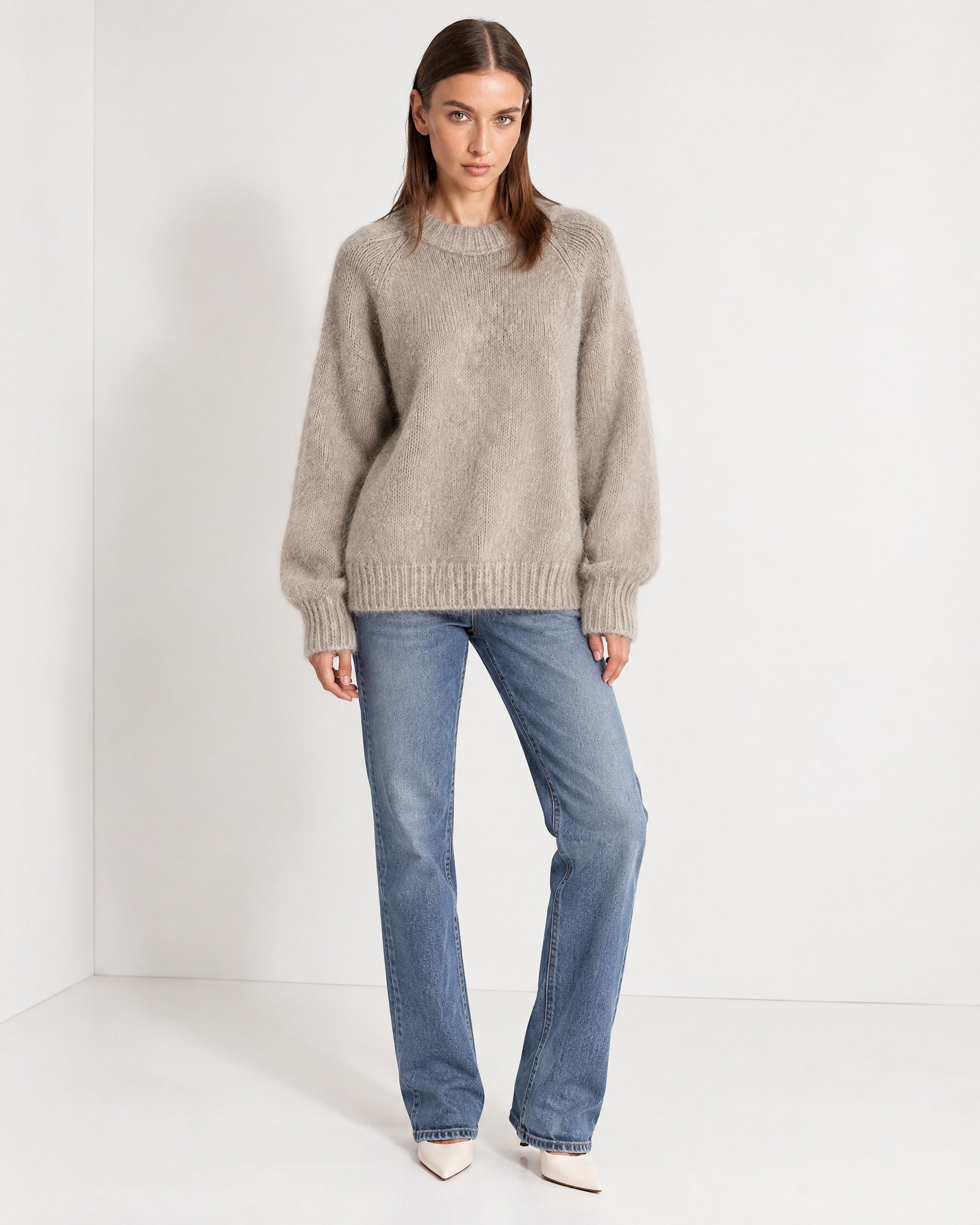 Grey Fluffy Jumper Oversized Soft Knit Sweater with Round Neck