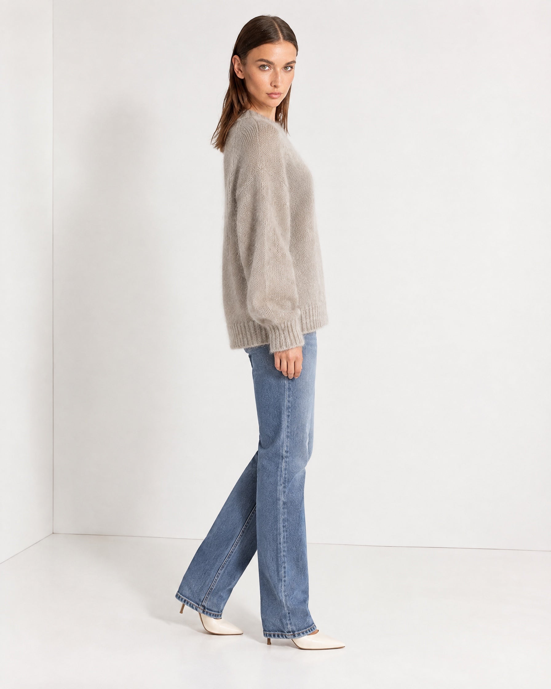Grey Fluffy Jumper Oversized Soft Knit Sweater with Round Neck