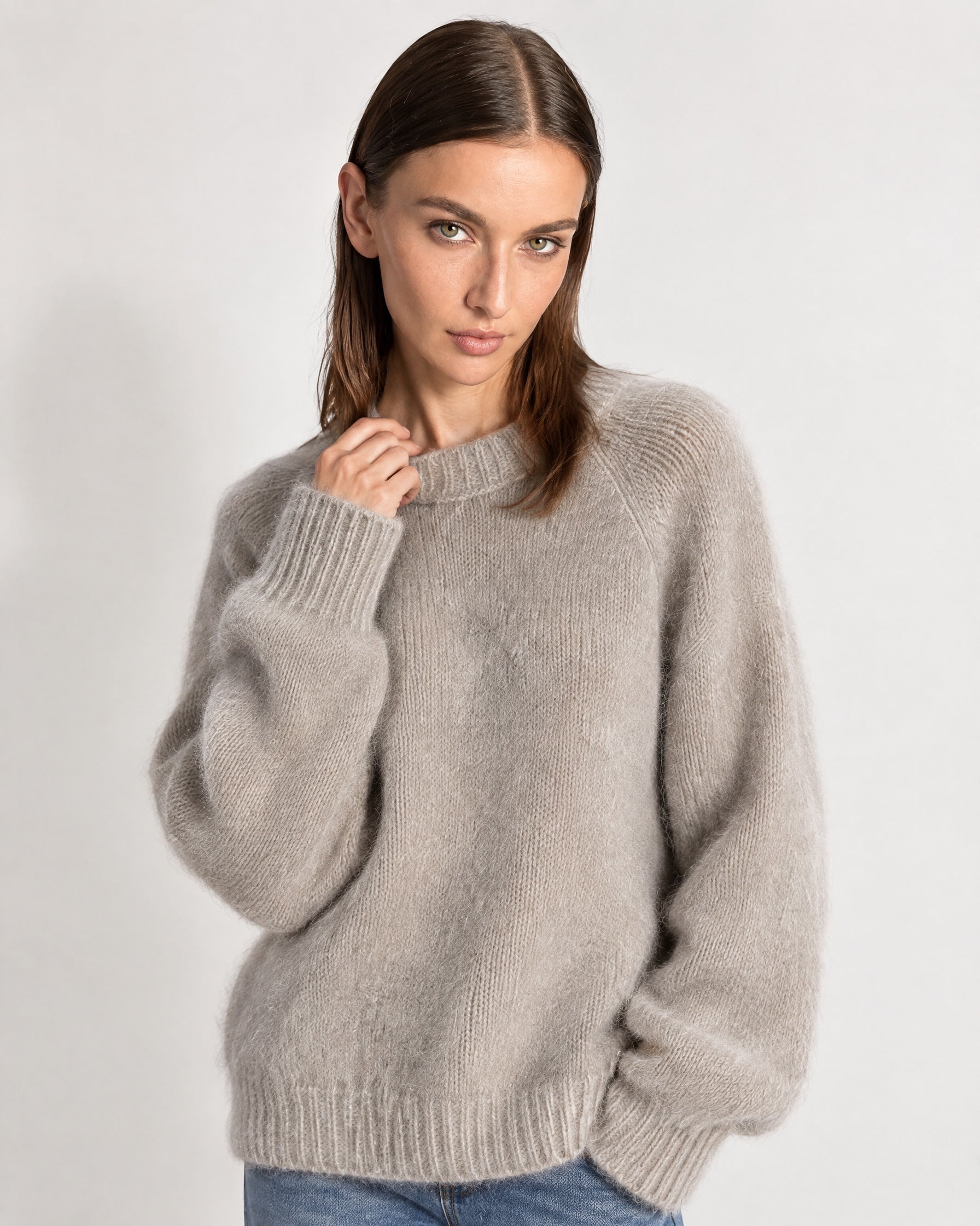 Grey Fluffy Jumper Oversized Soft Knit Sweater with Round Neck