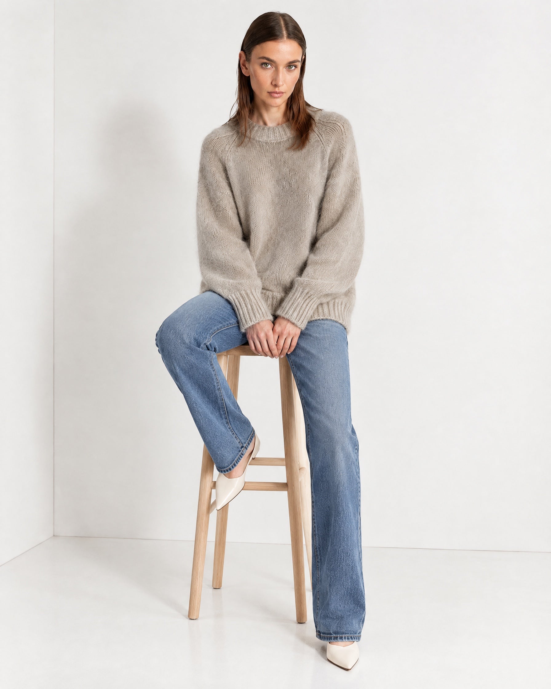 Grey Fluffy Jumper Oversized Soft Knit Sweater with Round Neck