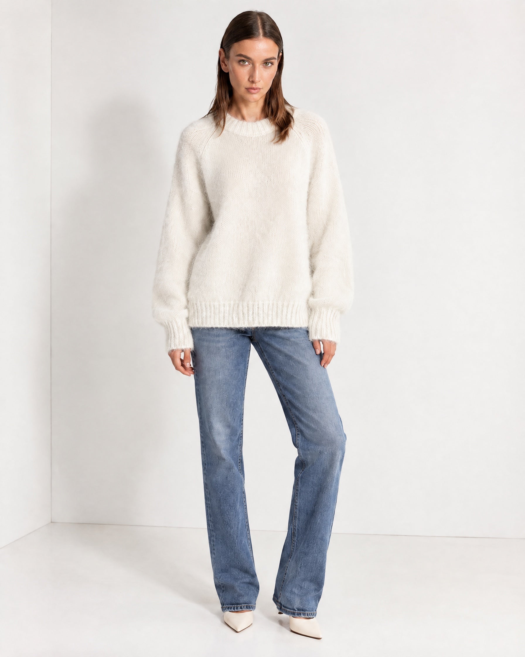 White Fluffy Jumper Oversized Soft Knit Sweater with Round Neck