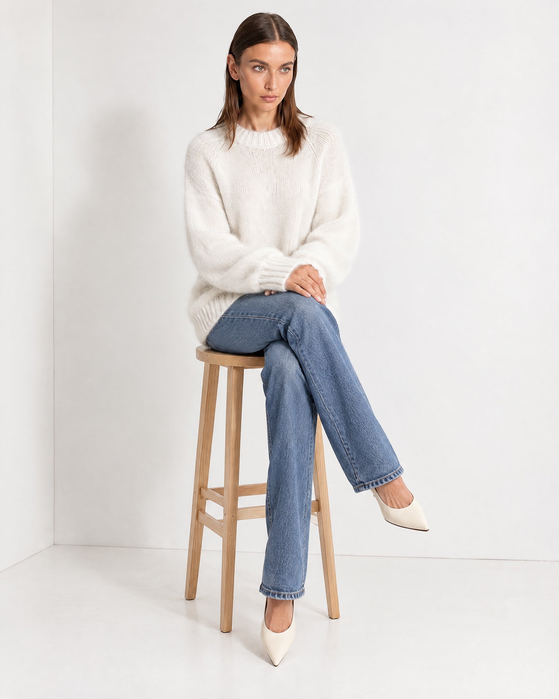 White Fluffy Jumper Oversized Soft Knit Sweater with Round Neck
