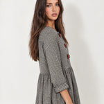 Grey Check Gingham Maxi Dress Long Sleeve Toggle Front