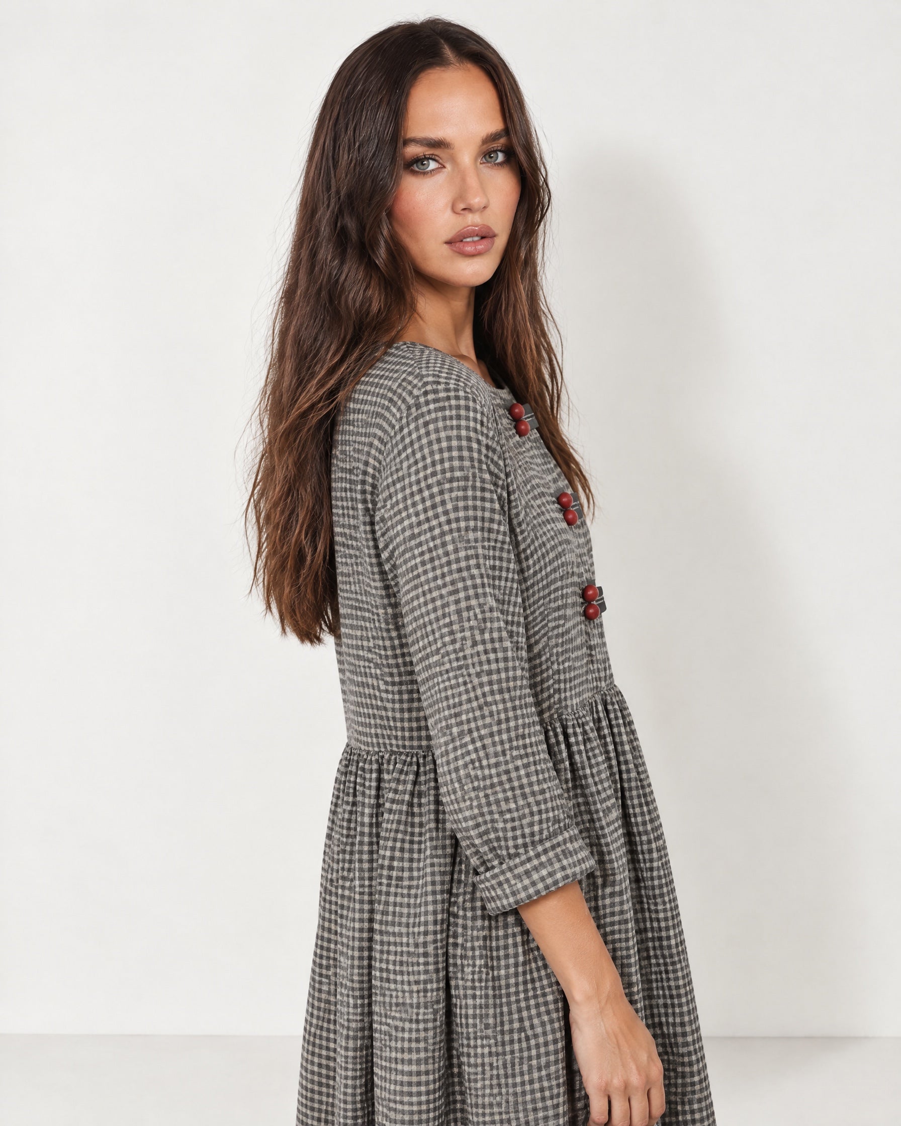 Grey Check Gingham Maxi Dress Long Sleeve Toggle Front