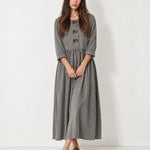 Grey Check Gingham Maxi Dress Long Sleeve Toggle Front