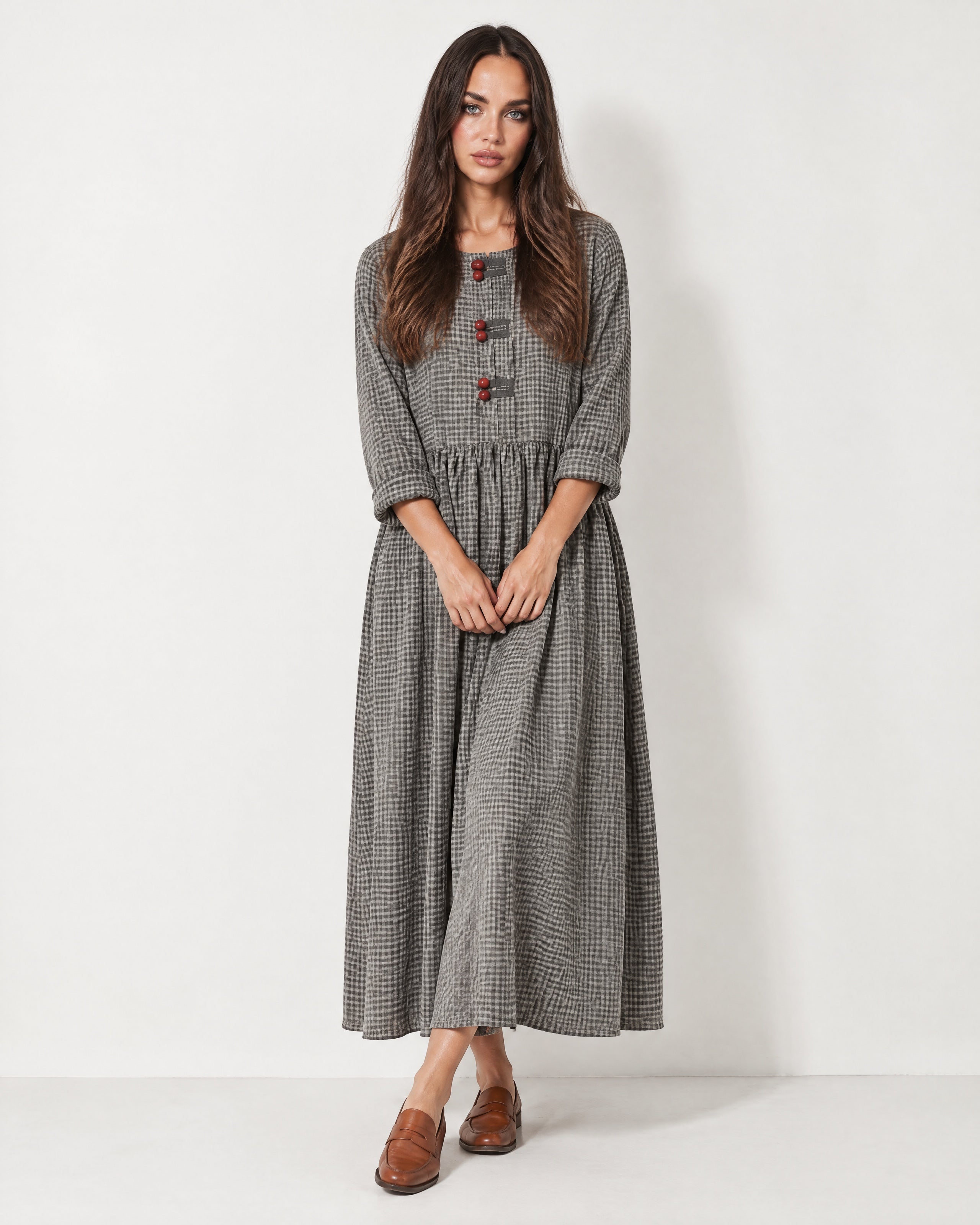 Grey Check Gingham Maxi Dress Long Sleeve Toggle Front
