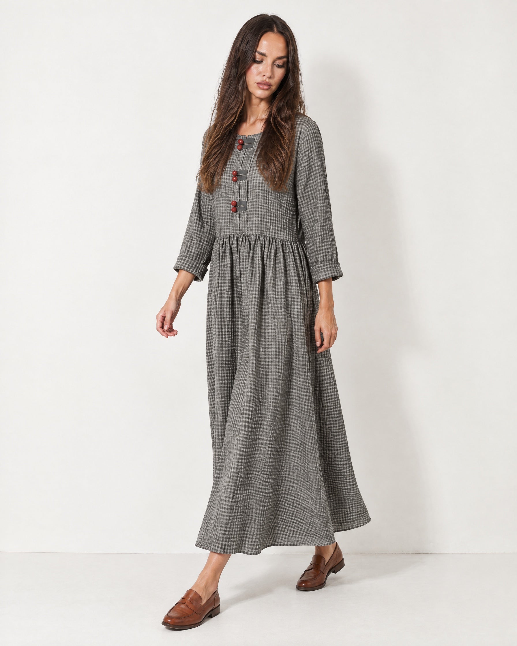 Grey Check Gingham Maxi Dress Long Sleeve Toggle Front